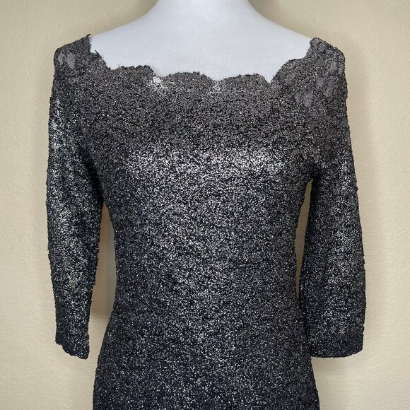 Marina Black Silver Sparkle Scallop Neckline Lace Midi Dress Event Occasion 8 - Picture 2 of 13